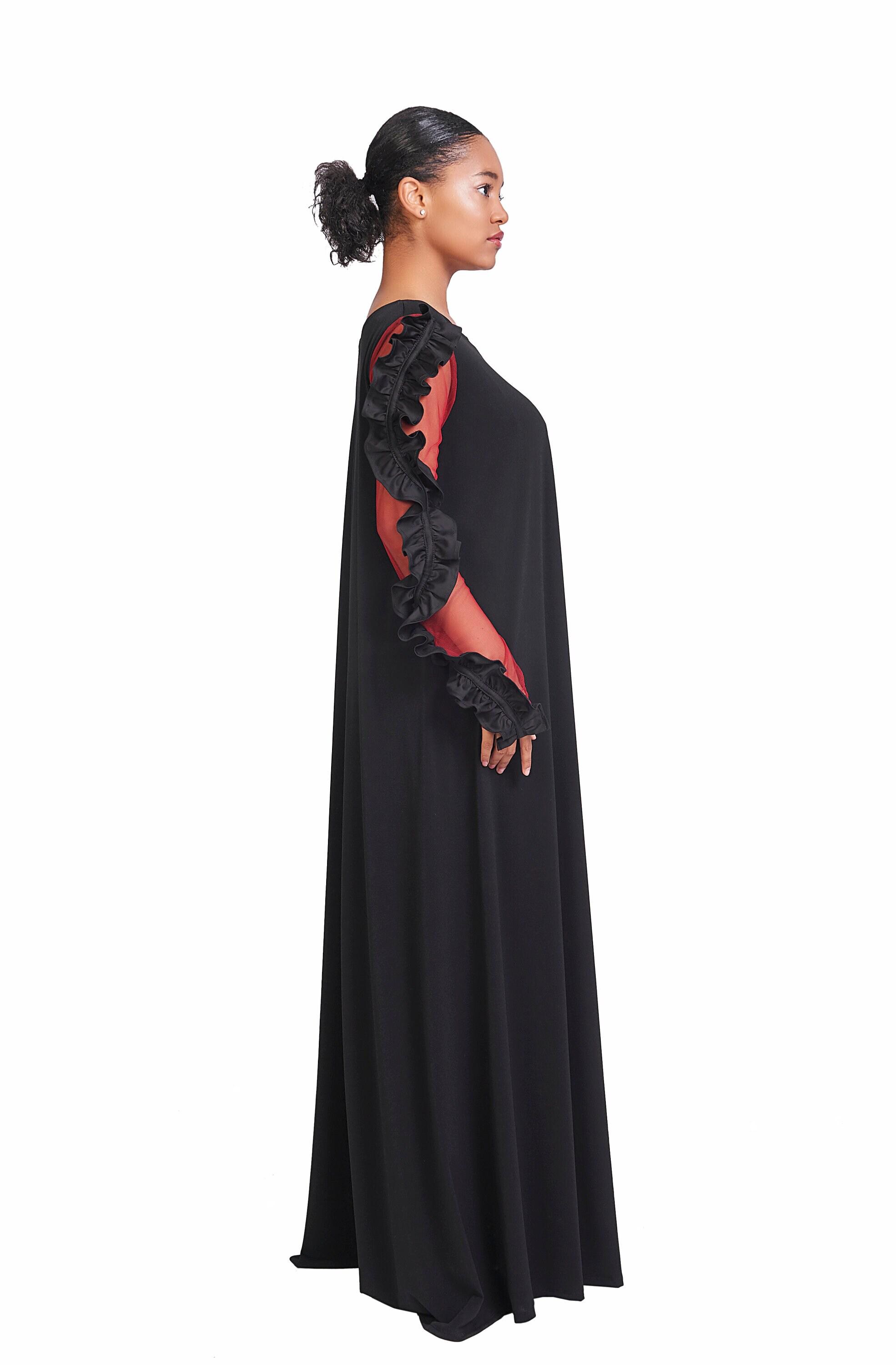Black Maxi Long Dress, Plus Size Extravagant Sheer Sleeve Gown