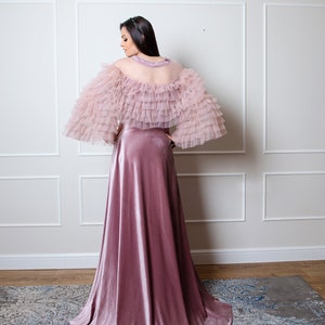 Blush Women Tulle Dress, Maxi Velvet Dress, Wedding Layered Dress, Blush Pink Ruffle Dress, Plus Size Clothing, Furbelow Dress, Amazing Gown image 3