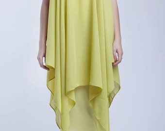 Vestido veraniego extravagante de gasa amarilla, vestido de día de jersey asimétrico sin mangas