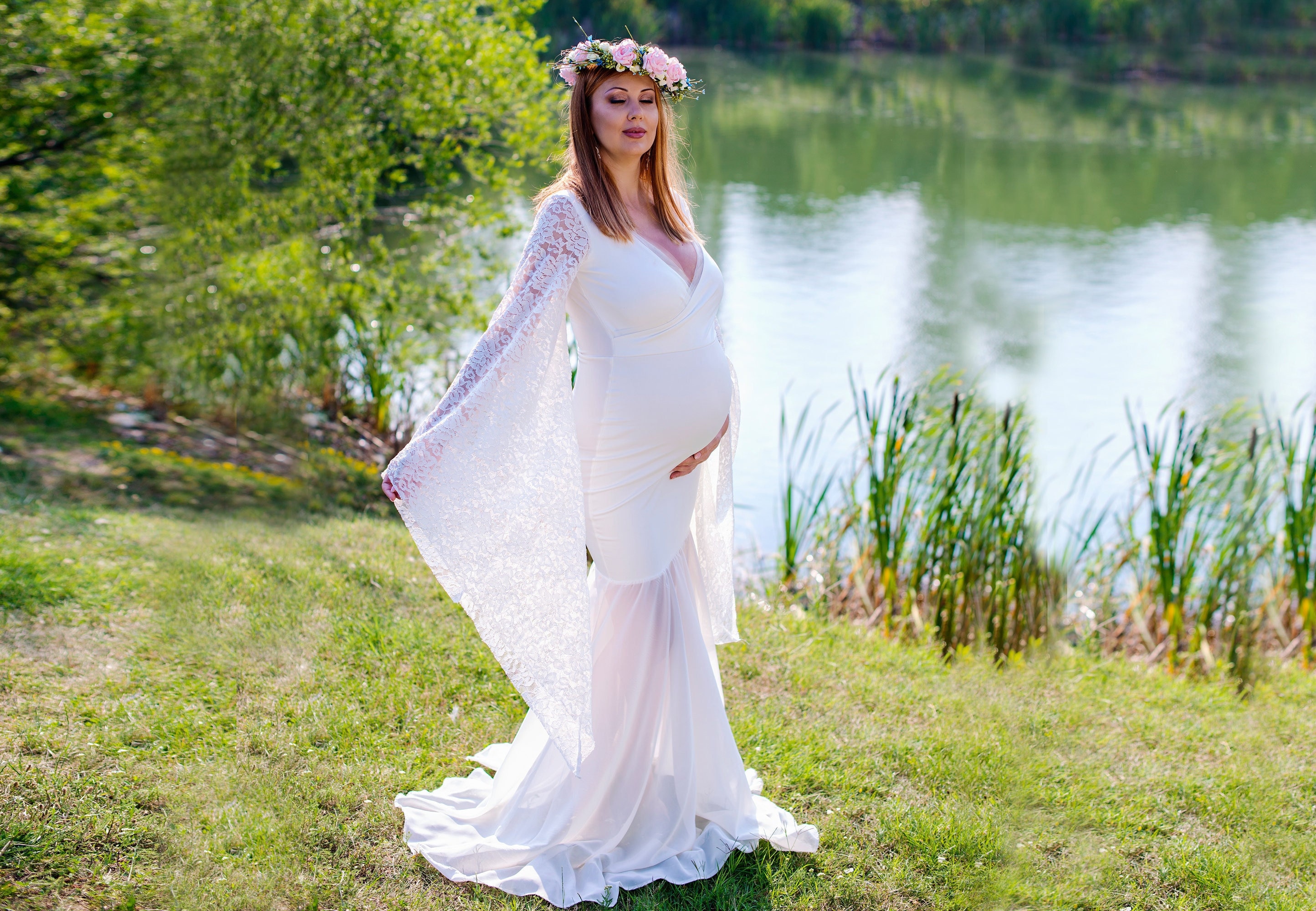 fitted lace wedding dress Pure White V-neck Mermaid Pregnant Formal Dresses with Sleeves main image 1