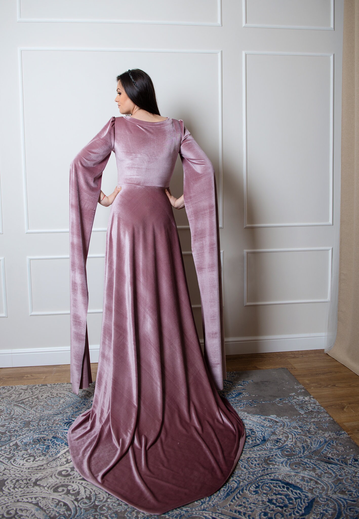 pink velvet maternity dress Blush Velvet Maternity Gown With Train, Elegant Extravagant Photoshoot Dress