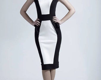 slim fit dress slacks Black White Two Tone Figure Shaped Dress – Belma Tvico main image 1