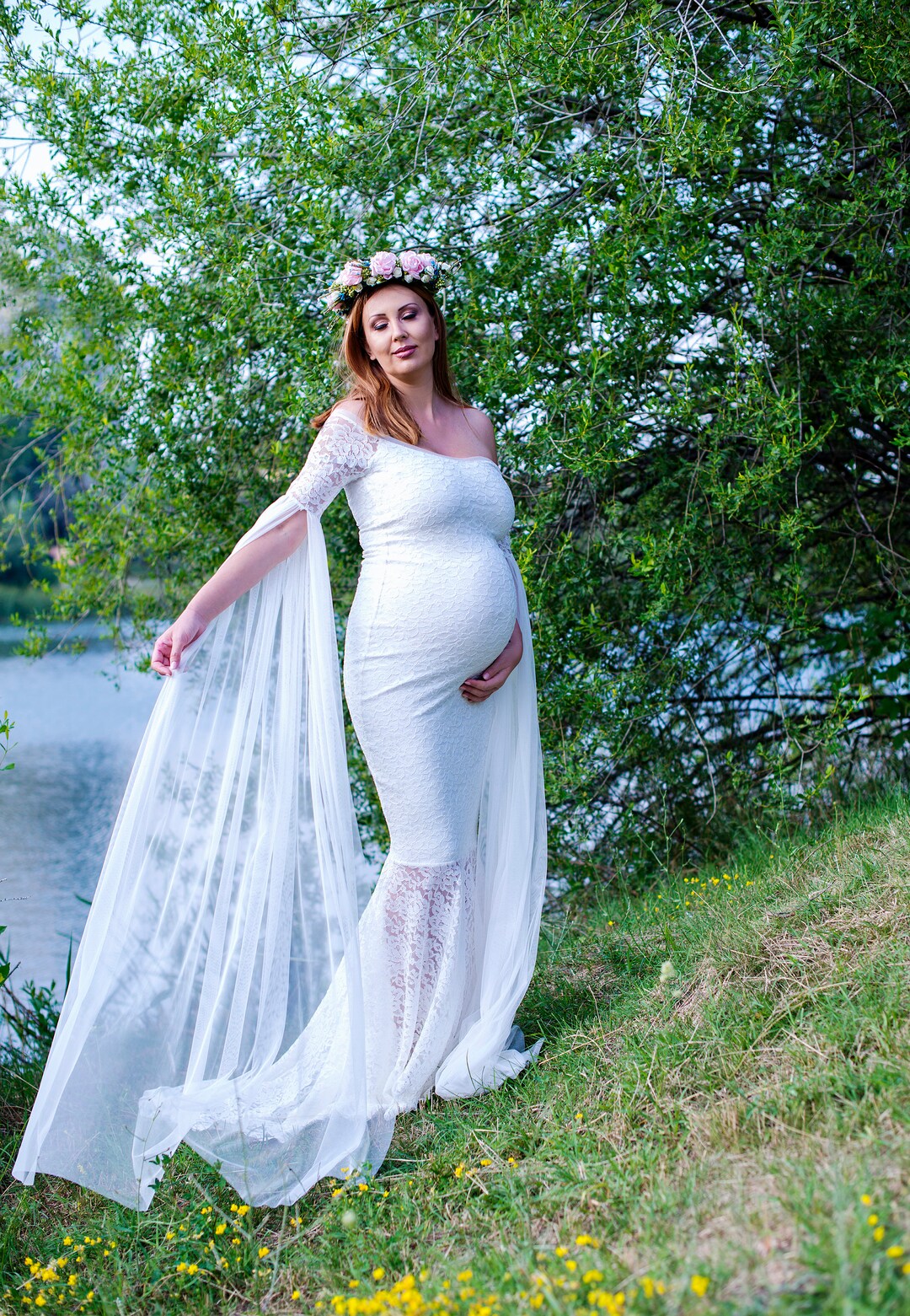 Robe de grossesse en dentelle blanche robe bohème à épaules