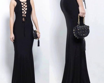 Lace Up Front Goddess Dress, Sleeveless Plunge Neck Evening Dress, Sexy Dinner Dress, Maxi Goth Dress,  Classy Formal Gown