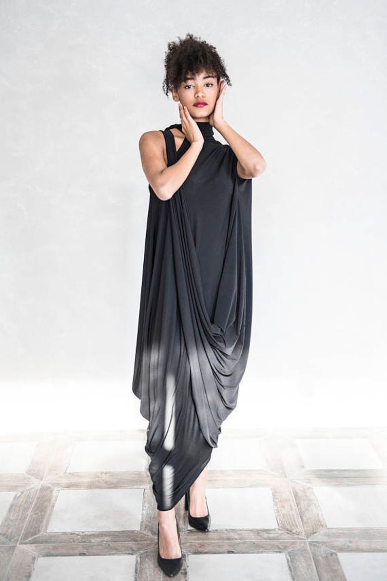 Avant Garde Goth Dress, Black Asymmetrical Draped Art Dress, Dark Greek Style Summer Dress, Minimal Gothic Clothing, Alternative Fashion image 3