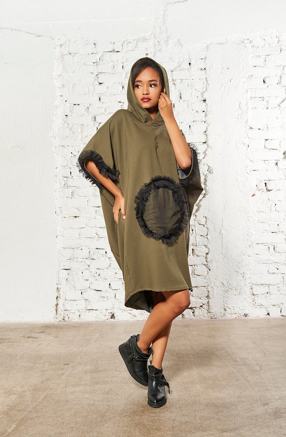 Asymmetric Army Green Hooded Maxi Dress: Casual Cotton Blend Sweatshirt