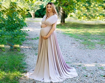 Maxi Maternity Dress for Photoshoot, Convertible Dress, Infinity Dress, Beige Maternity Gown, Maternity Dress, Convertible Full Length Dress