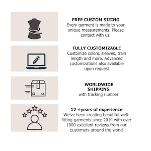 Może przedstawiać: Infografika z czterema ikonami i tekstem. Pierwsza przedstawia manekin krawiecki z miarką i napis FREE CUSTOM SIZING. Druga przedstawia laptopa z oł&oacute;wkiem i napis FULLY CUSTOMIZABLE. Trzecia przedstawia pudełko i napis WORLDWIDE SHIPPING. Czwarta przedstawia osobę z pięcioma gwiazdkami i napis 12 +years of experience.