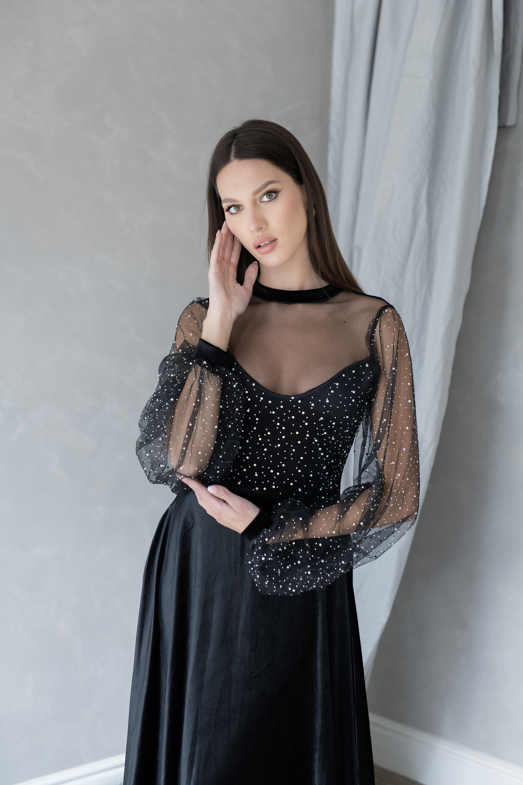 Sparkly Black Prom Dress with Sheer Crystal Sleeves, Modest Formal Floor Length Gown, Illusion Long Sleeve Evening Dress