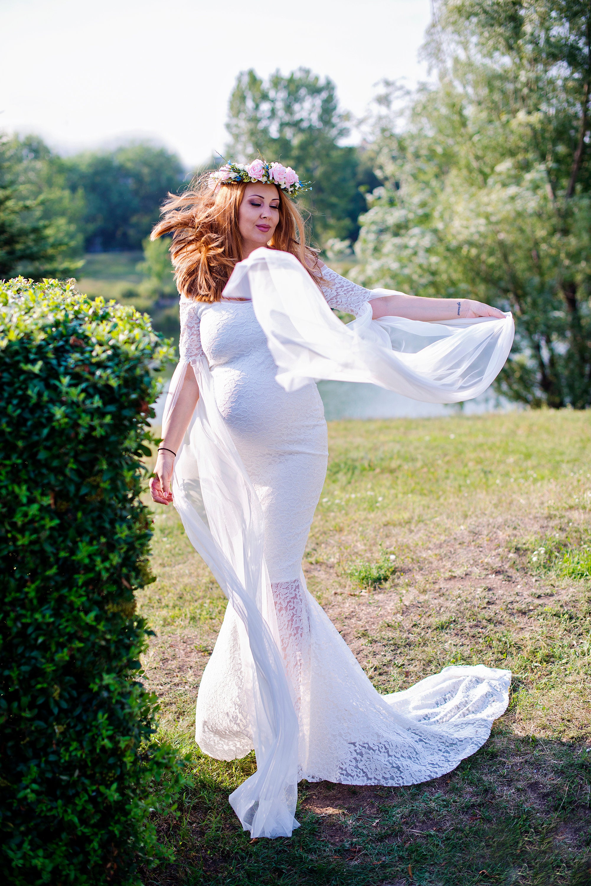 chinese dress ladies Designer Lace Off Shoulder Champagne Maternity Wedding Dress, White main image 0