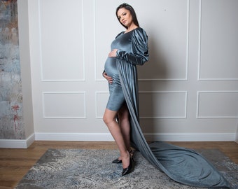 Gray Maternity Dress For Photography Shoot, Maternity Gown For Photo Shoot with Train, Maternity Dress for cocktail, Evening Pregnancy Dress