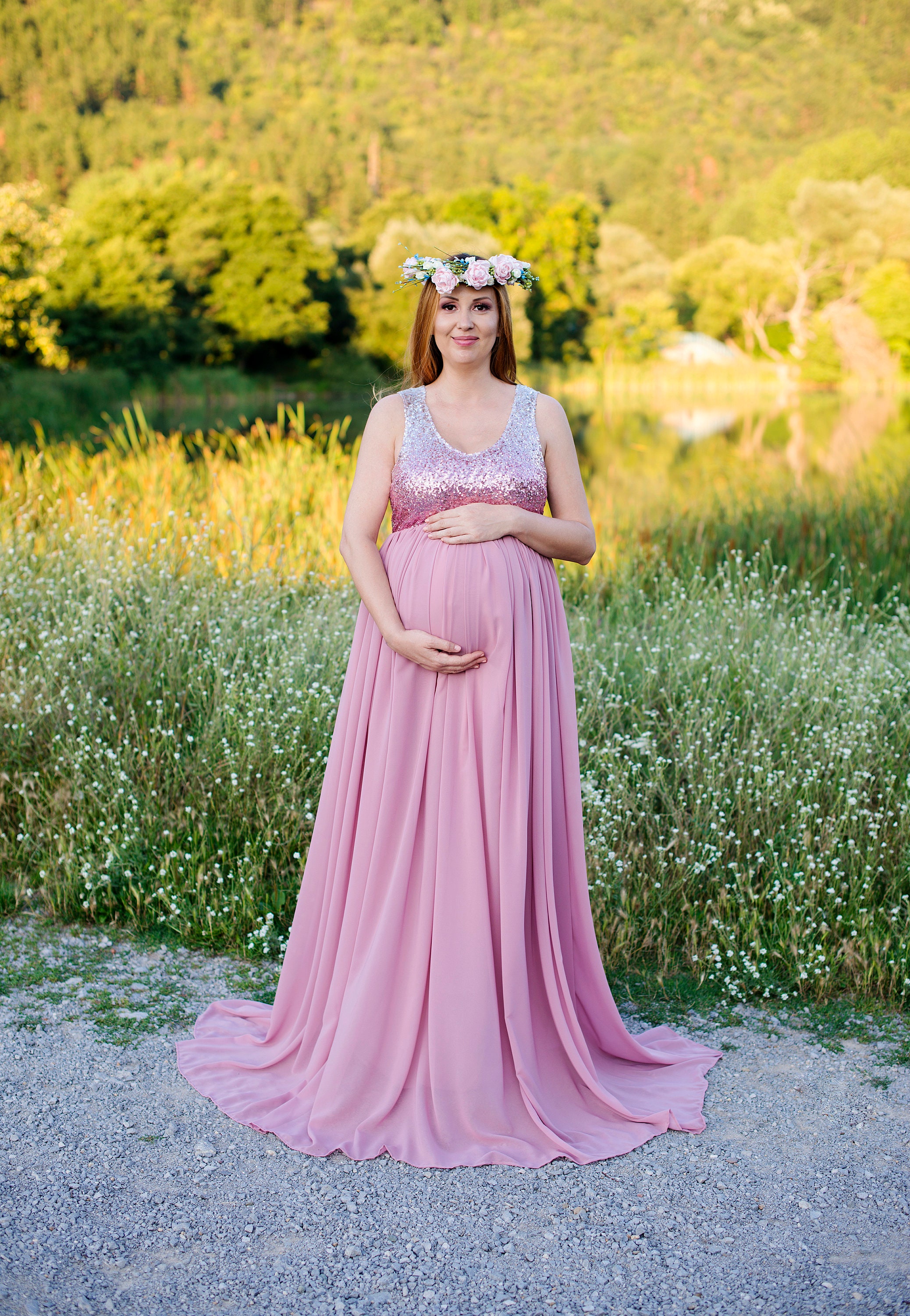 strapless open back dress Pinkblush Sequin Short Sleeve Maternity Maxi Dress main image 0