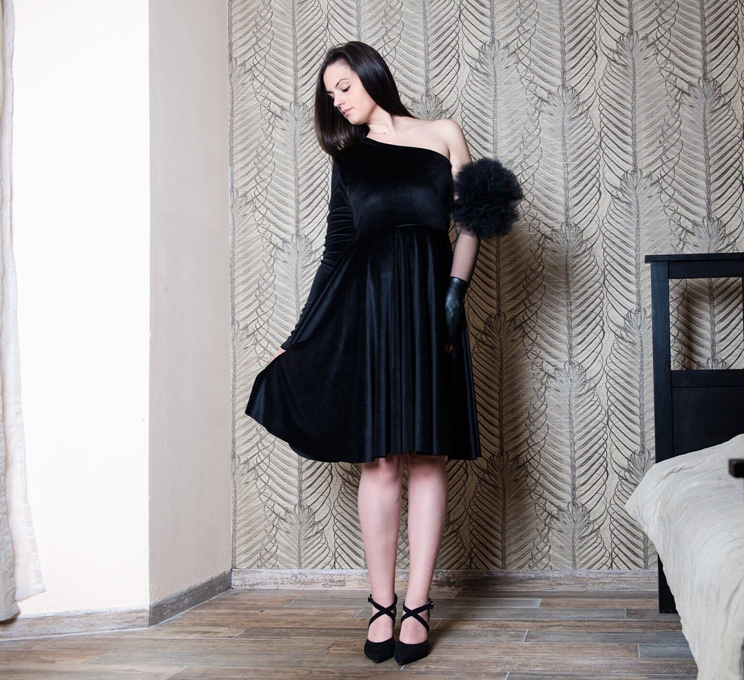 Black Bridesmaid Velvet Midi Dress, One Shoulder Formal Gown, A Line