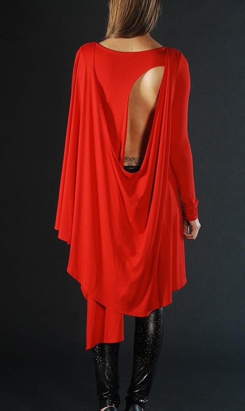 Red Open Back Extravagant Tunic, Sweater Evening Top, Women Cape Tunic Dress, Cape Gown, Fashion Tunic Dress, Valentine's Outfit, Gift image 1