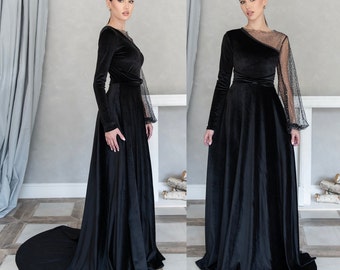 Formal Black Tie Wedding Guest Velvet Dress with Silver Rhinestone Sheer Sleeve and Bow Belt, See Through Dress, Goth Formal Prom Gown