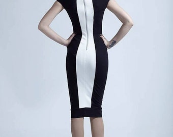 Black & White Cocktail Dress: Elegant Fitted Viscose Blend