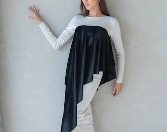 Vestido formal extravagante de largo midi con contraste, vestido midi de terciopelo con bloques de color, elegante vestido de cóctel con drapeado