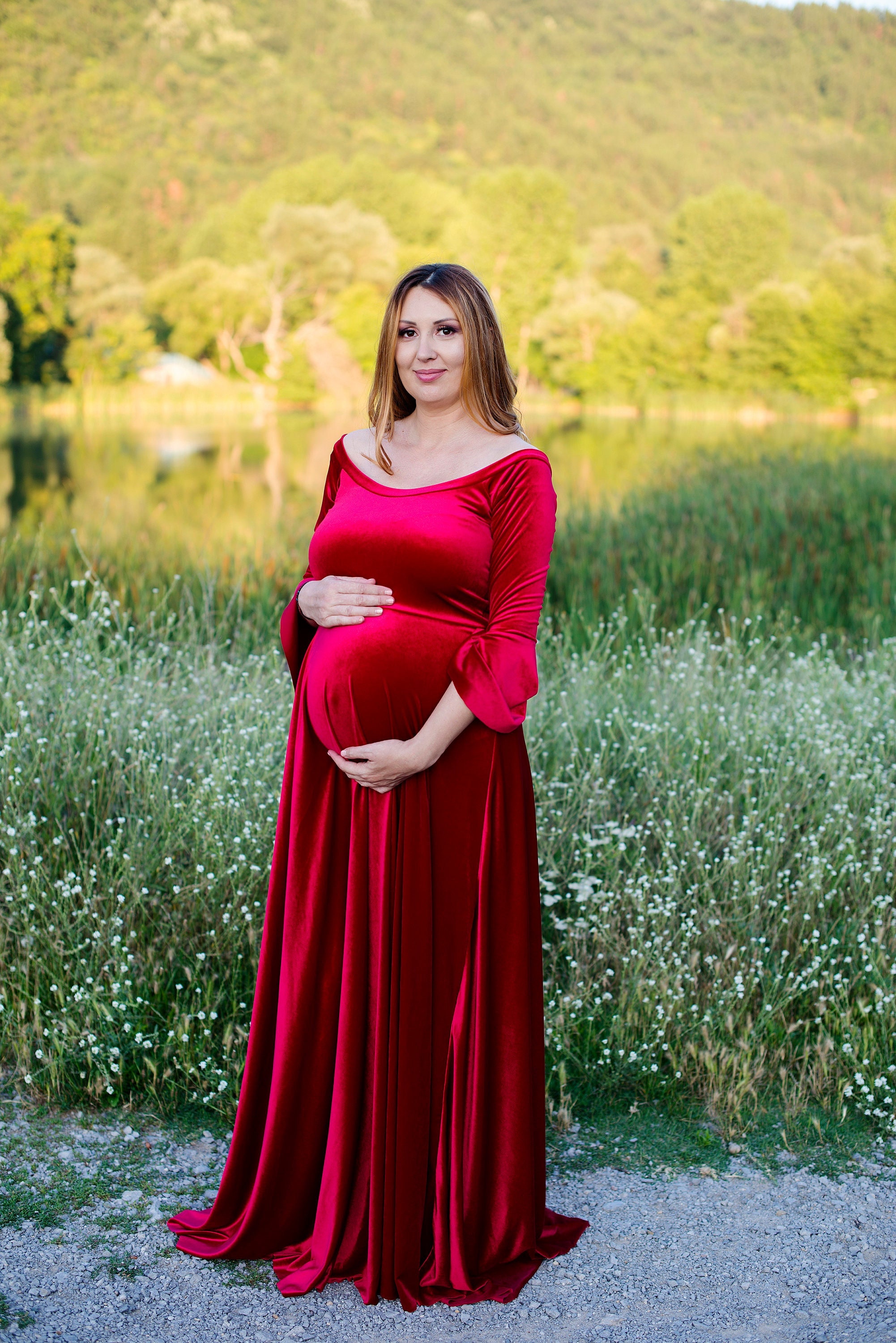 red velvet maternity dress Burgundy Velvet Smocked Long Sleeve Maternity Midi Dress PinkBlush