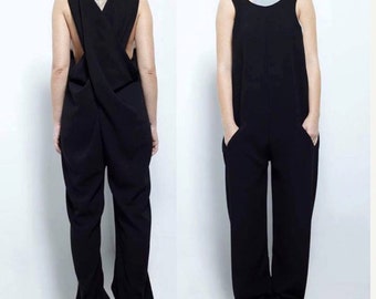 Black Georgette Jumpsuit: Sleeveless Wide Leg Harem Overall