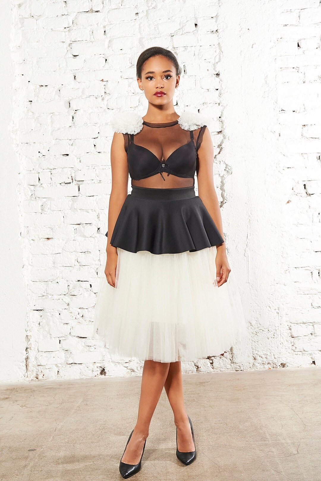 Peplum Tulle Midi Skirt, Elegant Fashion Look – Holiday & Evening