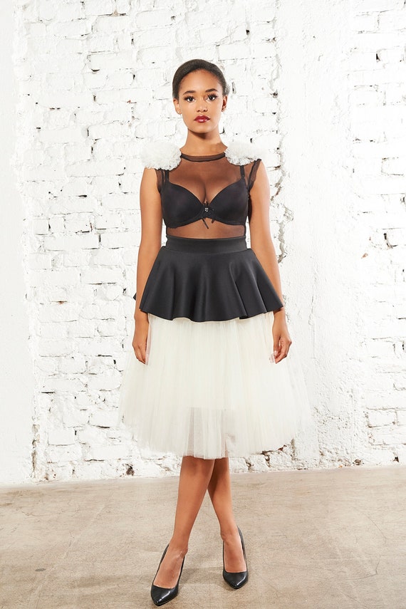 Peplum Tulle Midi Skirt, Elegant Fashion Look – Holiday & Evening Outfit