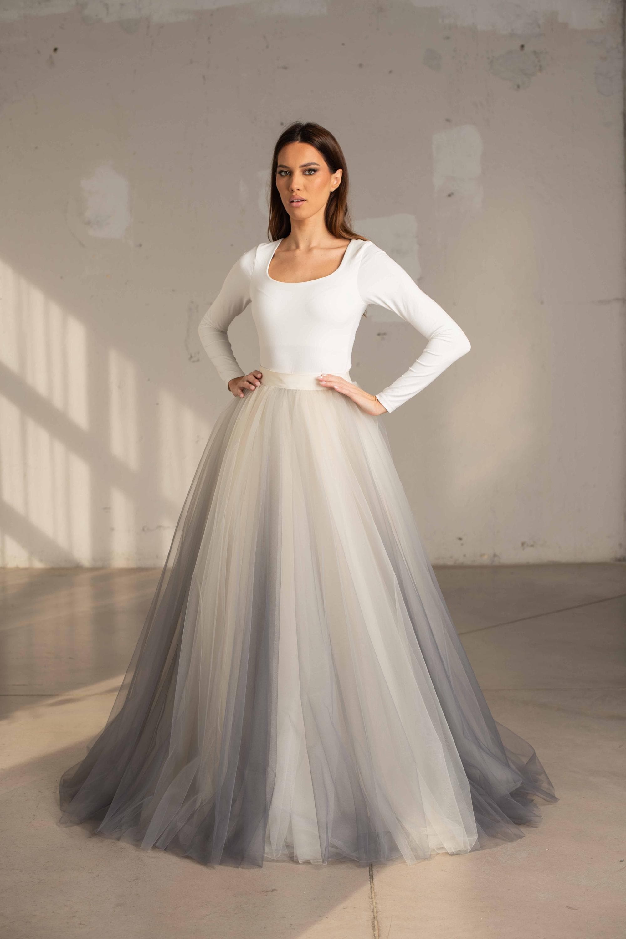 smoke grey wedding dress Romantic Bride Smoke Grey Wedding Dress Star Celestial Simple Off White And Gray Wedding Dress, Boho