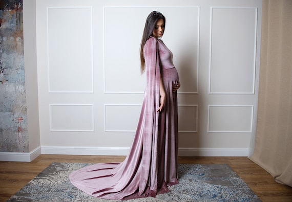 Blush Velvet A-Line Maternity Gown with Train, Baby Shower Dress, Photoshoot Outfit, Dress for Pregnant Women, Elegant Extravagant Gown