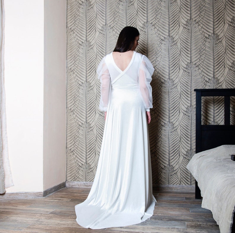 Ivory Wedding Velvet Dress with Sheer Sleeves, Long Bridal Dress with Open Back image 1