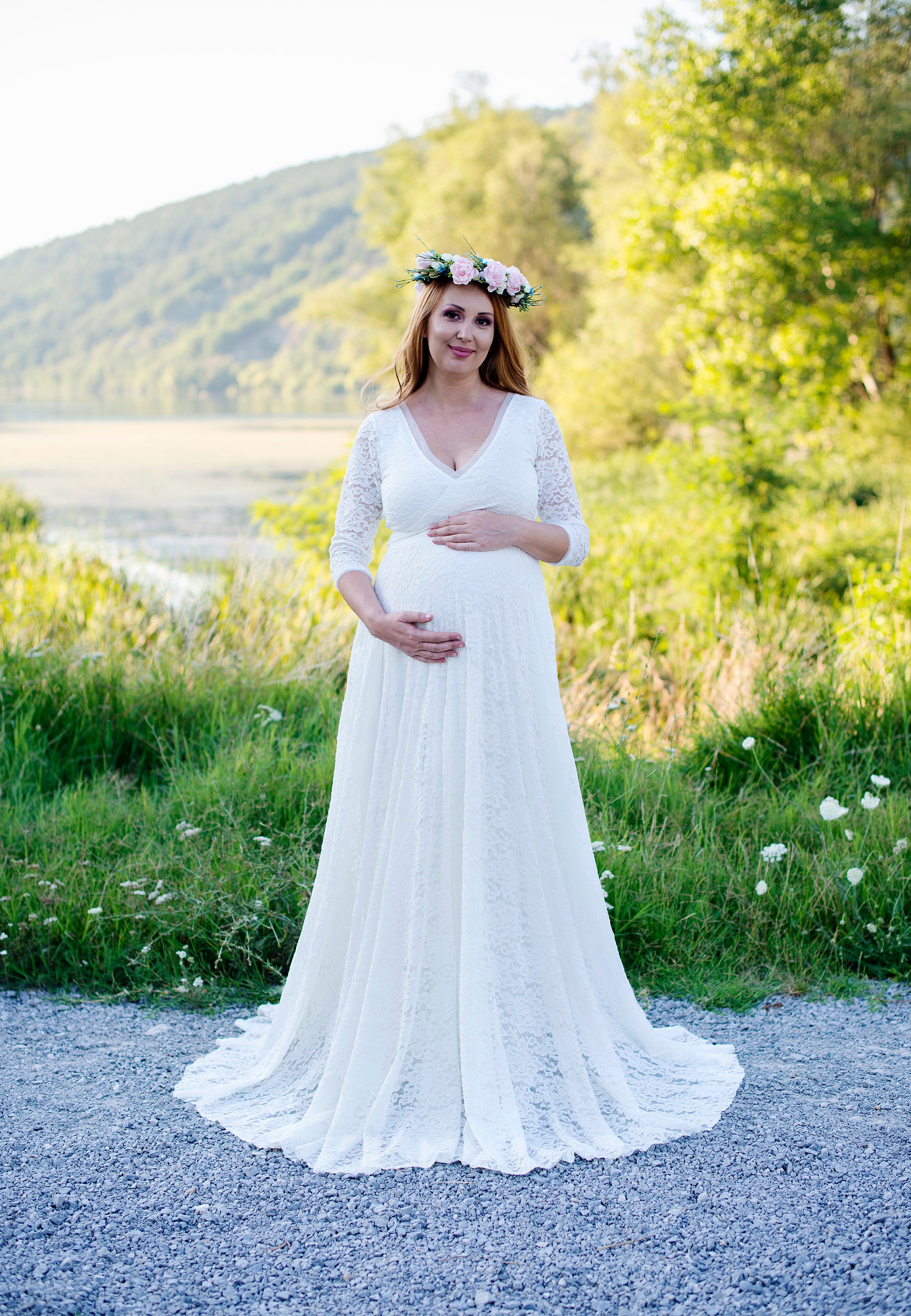 pregnant wedding dress Flare Sleeve High Wasit Tassel Lace Dresses Noivas ZW – TANYA BRIDAL shoulder detail 31 Maternity Wedding Dress Styles