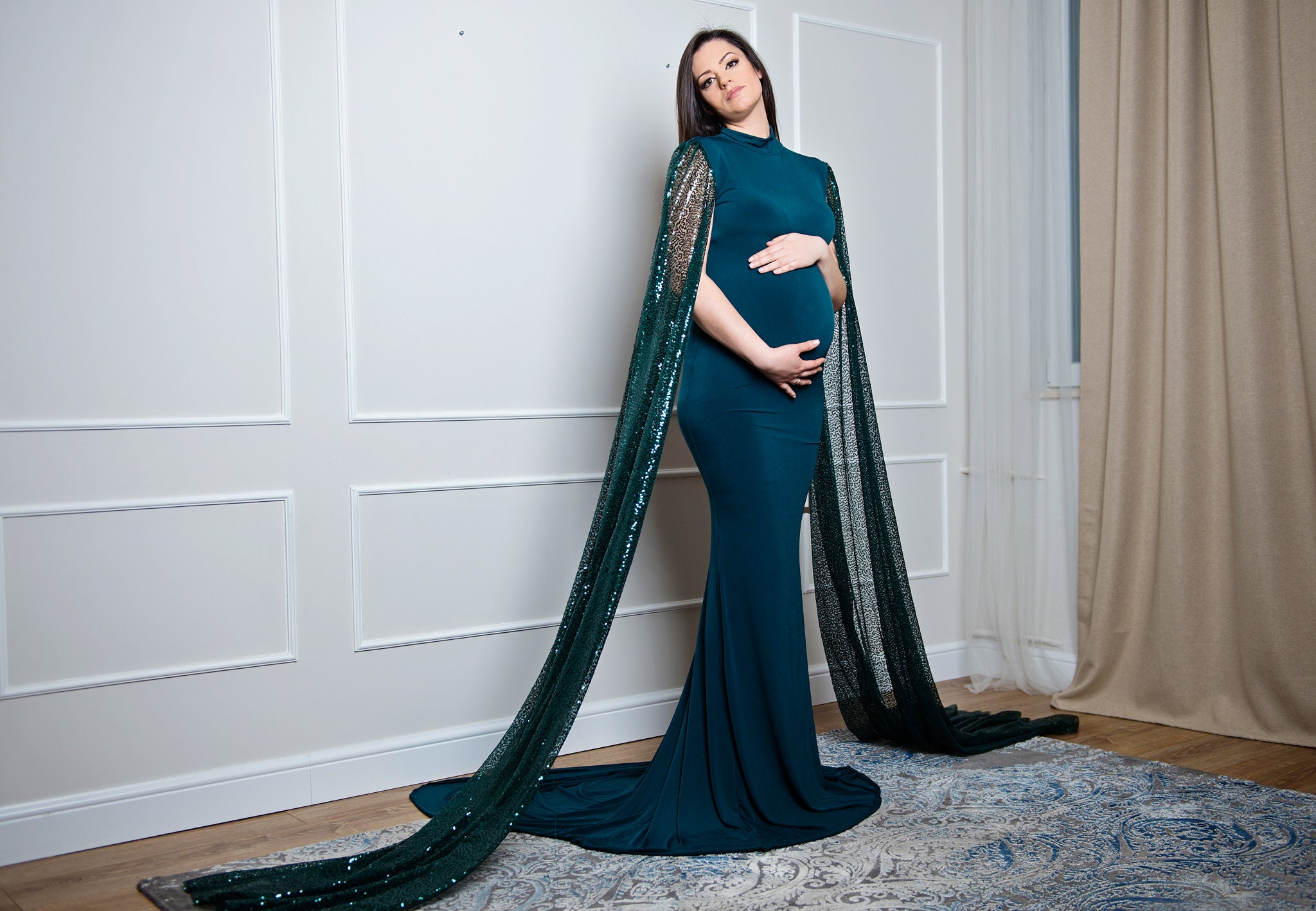 Emerald Green Maternity Gown: Sequined Cape Sleeve Fitted Pregnancy Dress, Custom Made