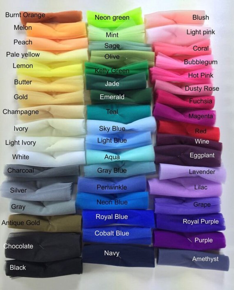 May include: A collection of tulle fabric swatches arranged in three columns, featuring a wide spectrum of colours including burnt orange, neon green, blush, charcoal, sky blue, and purple, each labelled with its corresponding colour name.