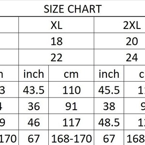 Puede incluir: Una tabla de tallas con medidas en pulgadas y cent&iacute;metros. La tabla incluye medidas de busto, cintura, caderas y altura para las tallas XS a 6XL. Tambi&eacute;n se enumeran las tallas de EE. UU. y Reino Unido.