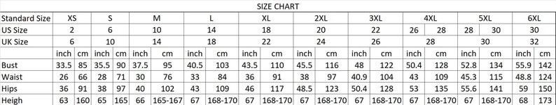Puede incluir: Una tabla de tallas con medidas en pulgadas y cent&iacute;metros. La tabla incluye medidas de busto, cintura, caderas y altura para las tallas XS a 6XL. Tambi&eacute;n se enumeran las tallas de EE. UU. y Reino Unido.