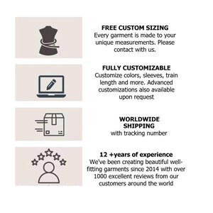 May include: An infographic with four icons and text. The first shows a dress form with a measuring tape and reads FREE CUSTOM SIZING. The second shows a laptop with a pencil and reads FULLY CUSTOMIZABLE. The third shows a box and reads WORLDWIDE SHIPPING. The fourth shows a person with five stars and reads 12 +years of experience.