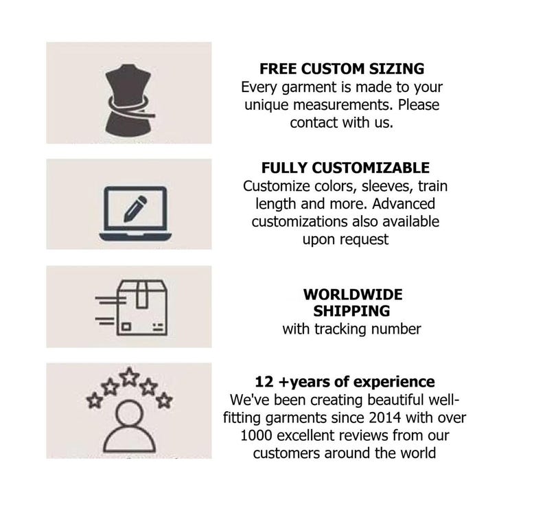 May include: An infographic with four icons and text. The first shows a dress form with a measuring tape and reads FREE CUSTOM SIZING. The second shows a laptop with a pencil and reads FULLY CUSTOMIZABLE. The third shows a box and reads WORLDWIDE SHIPPING. The fourth shows a person with five stars and reads 12 +years of experience.