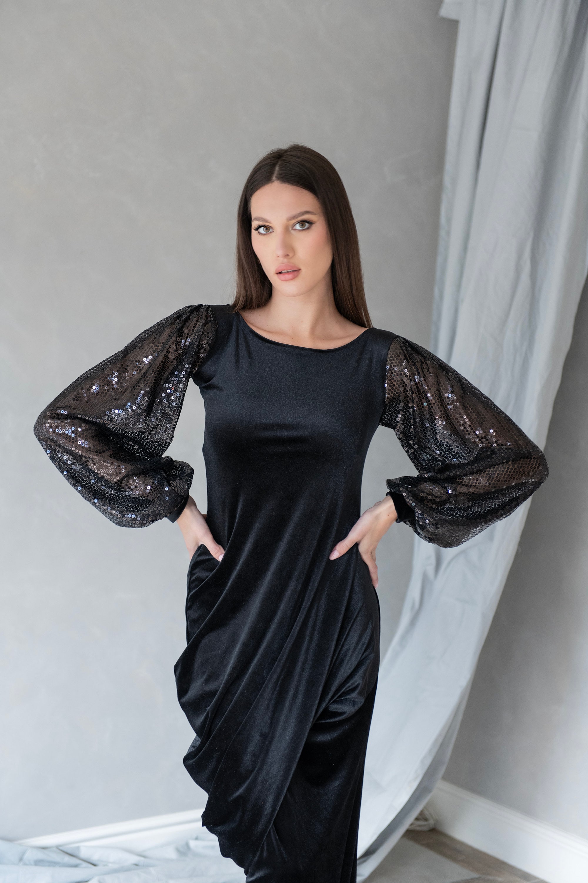 Sequin Sleeve Velvet Gown