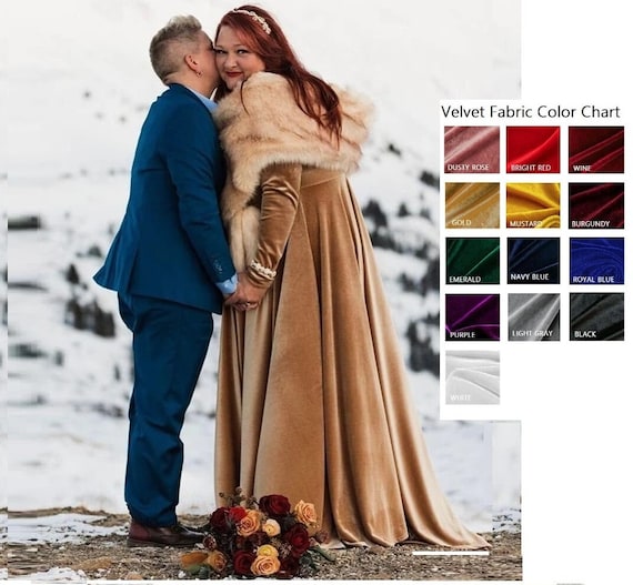 Plus Size Wedding Gold Velvet Dress With Train, Long A- Line Prom