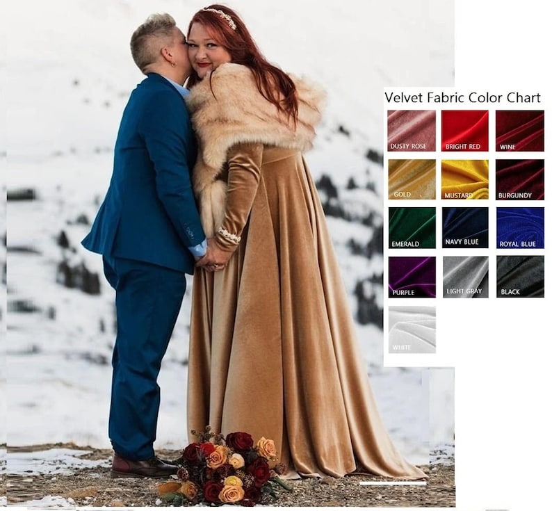 May include: A long-sleeved gold velvet dress with a floor-length skirt, paired with a beige faux fur stole. Beside the dress is a Velvet Fabric Color Chart displaying swatches in dusty rose, bright red, wine, gold, mustard, burgundy, emerald, navy blue, royal blue, purple, light gray, black, and white.