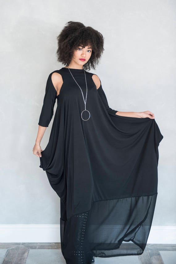 Comfy Long Rave Outfit, Goth Avant Garde Dress, Black Maxi Dress, Plus Size  Gothic Dress, Sexy Extravagant Dress, Trendy Plus Size Clothing 