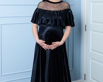 Gothic Black Velvet Maternity Wedding Dress, Pregnancy Engagement Dress, Victorian Dress, Simple Wedding Dress, Winter Maternity, Couture