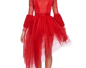 Vestido de novia de tul rojo, vestido de novia tutú, atuendo formal asimétrico