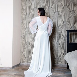 Ivory Wedding Velvet Dress with Sheer Sleeves, Long Bridal Dress with Open Back image 2