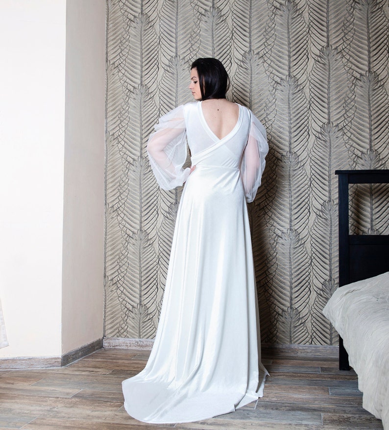 Ivory Wedding Velvet Dress with Sheer Sleeves, Long Bridal Dress with Open Back image 2