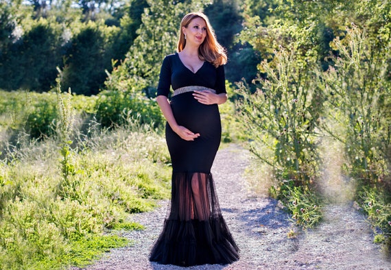 fitted lace wedding dress Pinkblush Black V-Neck Long Sleeve Fitted Maternity Maxi Dress