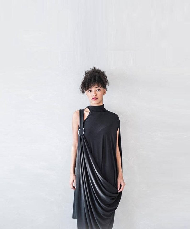 Avant Garde Black Dress, Goddess Dress, Maxi One Shoulder Dress, Unique Futuristic Clothing, Off Shoulder, Drape Detail, Goth Loose Dress image 1