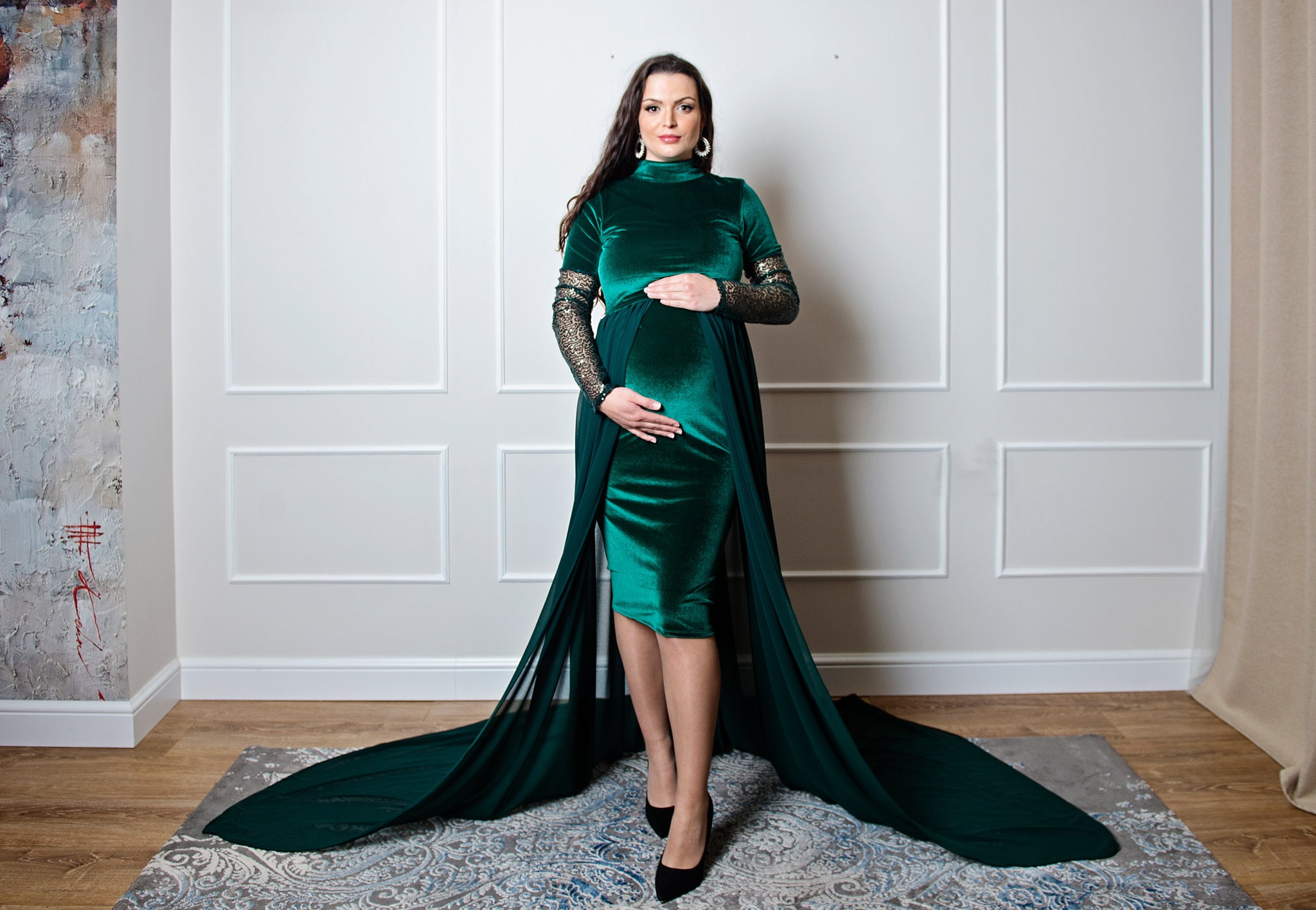 Emerald Green Velvet Maternity Gown With Sequin Sleeves and Chiffon Train,  Baby Shower Dress, Custom Made - Etsy Ireland