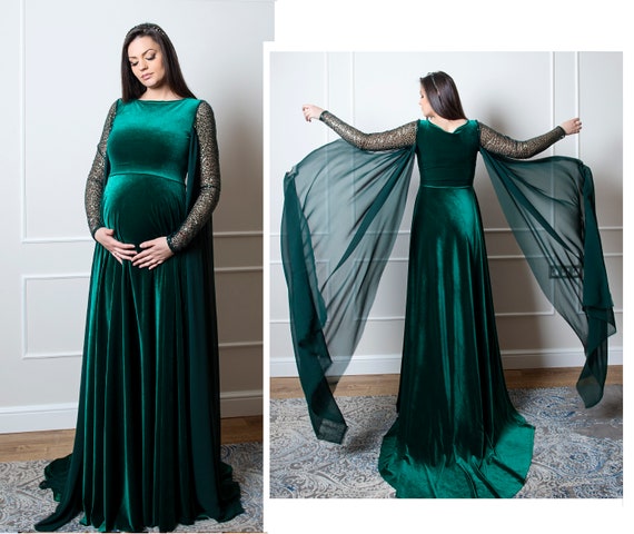 Emerald Green Velvet Maternity Dress, Elven Renaissance Gown