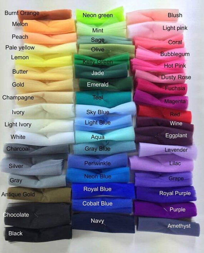 May include: A collection of tulle fabric swatches arranged in three columns, each labeled with its corresponding color name including Burnt Orange, Neon Green, Blush, Black, Navy, and Amethyst, showcasing a wide spectrum of hues.