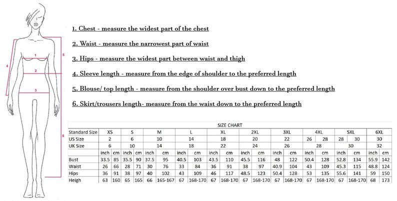 May include: A black and white line drawing of a human figure with numbered measurement points alongside a size chart table. The text includes instructions for measuring chest, waist, hips, sleeve length, blouse length, and skirt or trousers length.