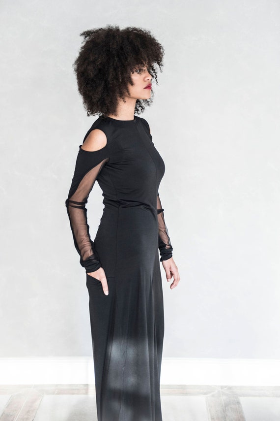 Black Goth Jumpsuit: Wide Leg Harem Romper with Long Sleeves,